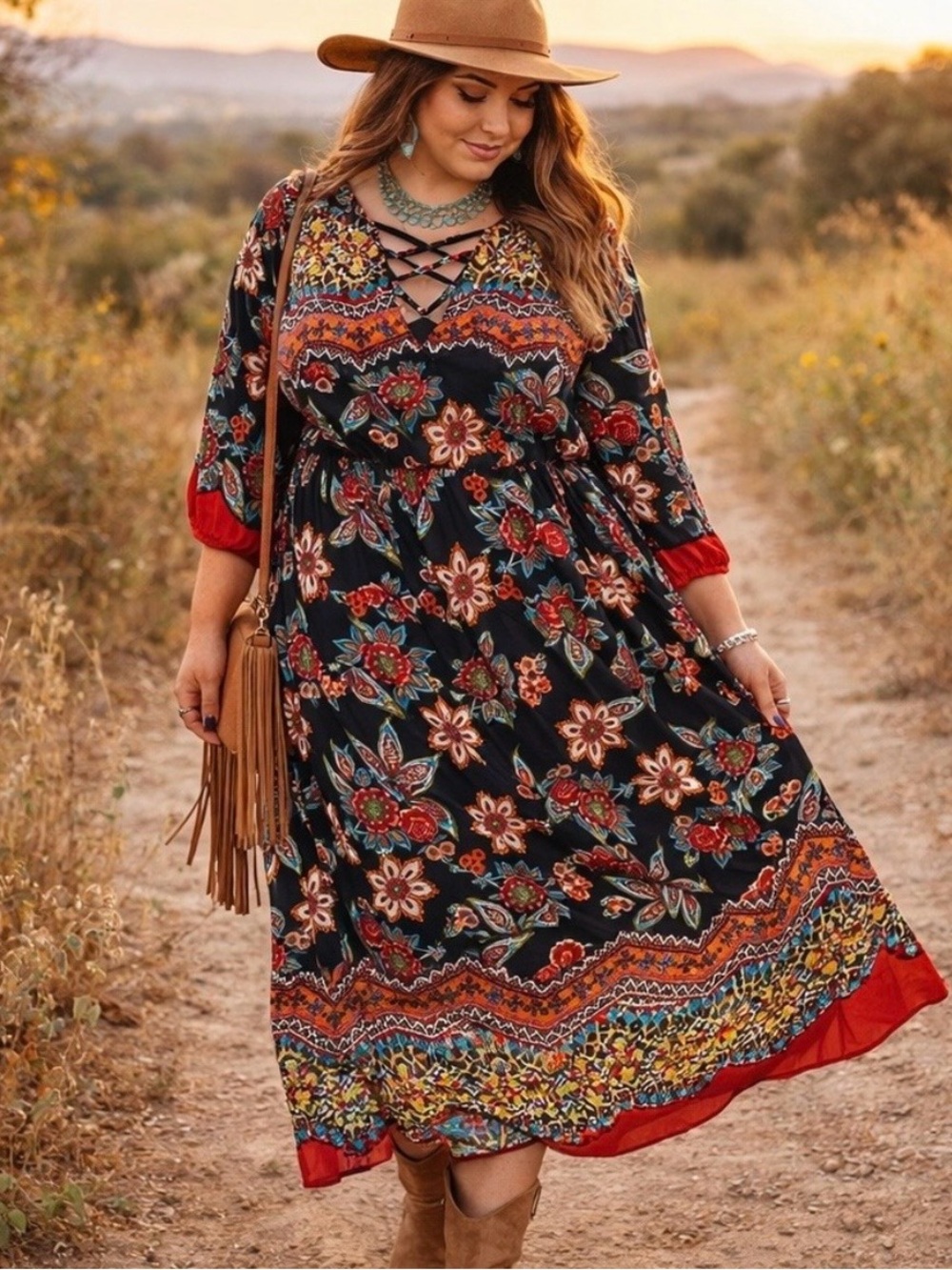 En Focus Womens Floral Maxi Dress Size 20 W Keyhole Neckline Boho Plus size